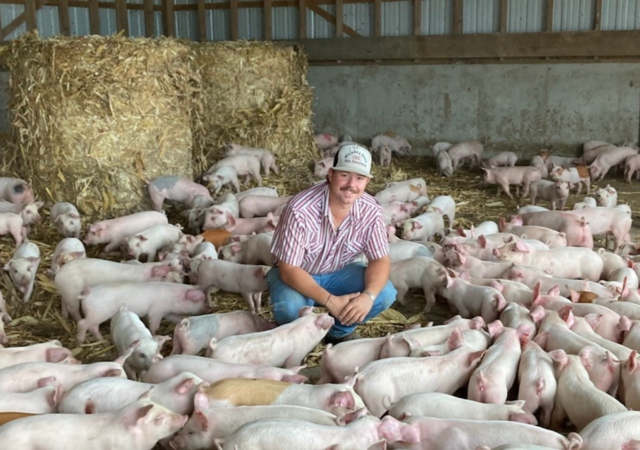 A smiling farmer kneels amidst dozens of pigs at his family hog farming operation.